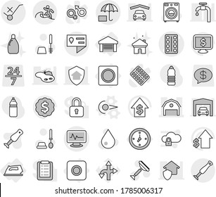 Editable thin line isolated vector icon set - pills blister vector, monitor pulse, barn, location details, do not trolley sign, insurance, surfer, watch, garage, ring button, iron, photon, scraper