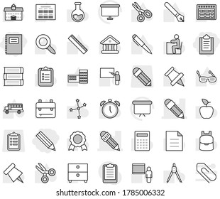 Editable thin line isolated vector icon set - clipboard, pencil, copybook, book vector, pen, university, school building, blackboard, ruler, drawing compass, glasses, student, backpack, apple fruit