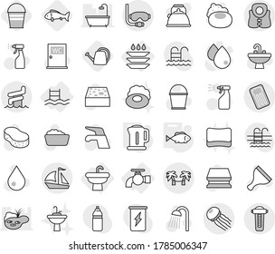 Editable thin line isolated vector icon set - sail boat, aquapark, diving mask, life vest, palm hammock, inflatable mattress, jellyfish, water tap, sink, pool, plate washing, kettle, fish, bucket
