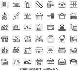 Editable thin line isolated vector icon set - drawbridge, project, cottage, skyscraper, mall, airport tower, garage, house with, modular, barn, factory, fort, level, greenhouse, hotel, vector, press