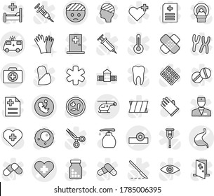Editable thin line isolated vector icon set - heart cross vector, bandaged head, pregnancy, doctor case, reflector, ambulance car, helicopter, stomach, liquid soap, rubber glove, gloves, star, eye