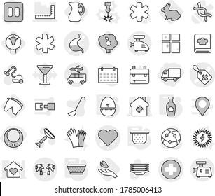 Editable thin line isolated vector icon set - delivery, necklace, medical cross vector, heart, label, stomach, ruler, smart house, transfer, palm hammock, laser, solar power, colander, egg timer