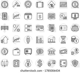 Editable thin line isolated vector icon set - hand coin, purse, safe, bank vector, exchange, graph, japanese candle, laptop, wallet, cash, percent growth, money bag, case, investment, dollar, stack
