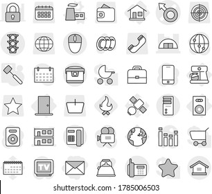 Editable thin line isolated vector icon set - mail, male sign vector, hangare, modular house, traffic light, phone, home, speaker, coffee maker, door, factory, meat hammer, fire, plates, kettle, tv