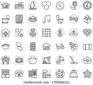 Editable thin line isolated vector icon set - basket, bone, info, arch, houses, factory, perishable, tent, windsurfing, home, thermometer, phone, circuit vector, link, battery, double boiler, rake