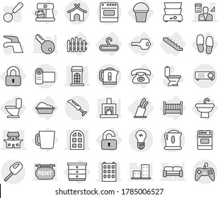 Editable thin line isolated vector icon set - building, japanese house, arch window, architector, bungalow, sink, toilet, locked, unlocked, key, chest of drawers, hanger, crib, phone, washing, fence