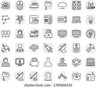 Editable thin line isolated vector icon set - rocket, train, toaster, vr helmet vector, robot hand, mixer, microwave oven, atom, notebook pc, flask, monitor dollar, satellite, support, share, bulb
