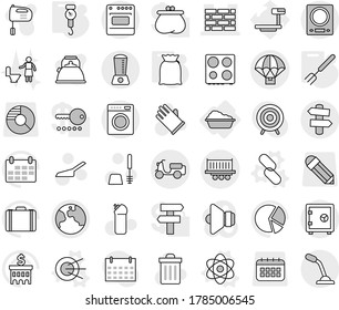 Editable thin line isolated vector icon set - brick wall, truck shipping, scooter, parachute delivery, earth, safe, signpost, washing, atom vector, satellite, link, handle scales, big fork, flour