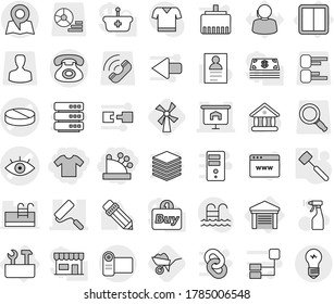 Editable thin line isolated vector icon set - cashbox, t shirt, eye vector, pill, presentation, repair, phone, map, power switch, tools, garage, meat hammer, wheelbarrow, windmill, sprayer, pencil