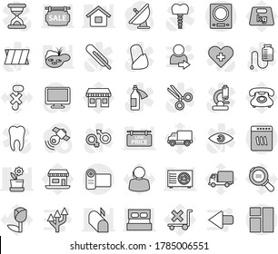 Editable thin line isolated vector icon set - office vector, phone, support, delivery, no trolley, hook, tulip, weight, cargo search, satellite antenna, satellitie, monitor, heart cross, thermometer
