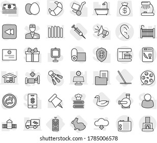 Editable thin line isolated vector icon set - ear vector, remote control, croissant, rake, goose, rabbit, syringe, water pump, cookbook, egg, school building, table lamp, paper pin, certificate