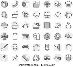 Editable thin line isolated vector icon set - percent, cashbox, megafon, chicken leg, bone, medical patch vector, intestines, cross, tower crane, arch, cooler fan, garage, helicopter, phone, onion
