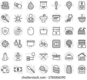Editable thin line isolated vector icon set - market scales, atm receipt, chicken leg, houses, trip, workman, tennis, service bell, home, sink, iron board, factory vector, ladle, chef knife, bank