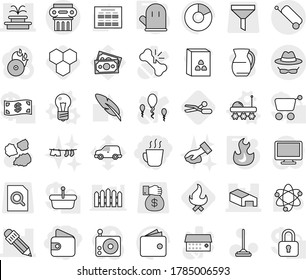 Editable thin line isolated vector icon set - wallet, hot drink, warehouse, fountain, pencil, confidential, suitcase, antique column, bulb vector, lunar rover, cook glove, fire, honeycombs, scissors