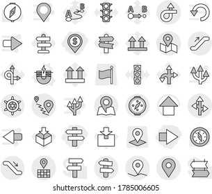Editable thin line isolated vector icon set - dollar pin, right arrow, singlepost, trip, geo, map, route, escalator, signpost, handwheel, compass, electric magnet vector, up, traffic light, top sign