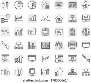 Editable thin line isolated vector icon set - monitor pulse vector, presentation, chart, analytics, hierarchy, graph, pie, japanese candle, laptop, crisis, percent growth, dollar, board, report