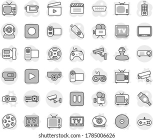 Editable thin line isolated vector icon set - surveillance, intercome, camera, tv, web vector, vr helmet, projector, cd, cinema clap, film spool, gamepad, video, remote control, play button, pause