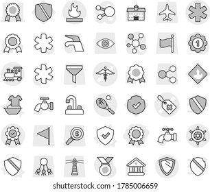 Editable thin line isolated vector icon set - medal, ambulance star vector, medical label, sign, flammable, train, tennis, shield, handwheel, water tap, handle washing, university, protected, funnel
