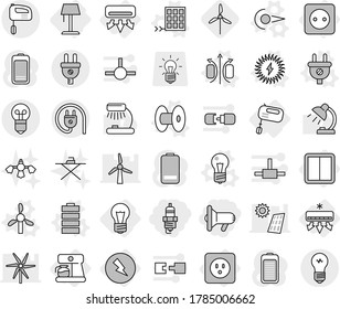 Editable thin line isolated vector icon set - megafon, spark plug, bulb, air conditioning, electricity, power socket, switch, mixer, coffee maker, floor lamp, photon vector, magnetic field, coil
