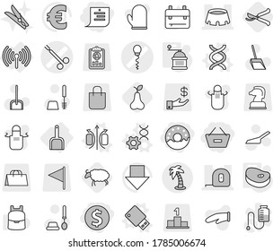 Editable thin line isolated vector icon set - dollar coin, remove from basket, shopping list, donut, sperm vector, surgical clamp, measuring tape, stadium, palm, wireless, scoop, magnetic field, dna