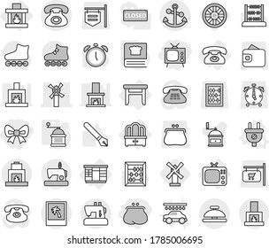 Editable thin line isolated vector icon set - bow, purse, tv, windmill, phone, anchor, photo, service bell, wardrobe, dresser, stool, fireplace, plug vector, hand mill, cooking book, wheel, car wash