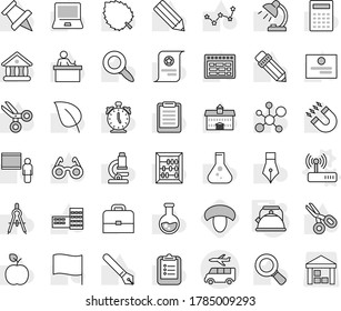 Editable thin line isolated vector icon set - transfer, router vector, kettle, mushroom, pen, university, pencil, school building, blackboard, drawing compass, glasses, student, case, apple fruit