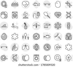 Editable thin line isolated vector icon set - ambulance star vector, disability, heart pulse, dna, pregnancy, helicopter, dropper, sperm, lungs, sign, life vest, shark flipper, atom core, eggs, fish