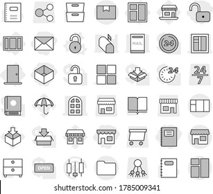 Editable thin line isolated vector icon set - unlock, shop, box, mail, copybook, window, arch, package, documents, door, vector, book, archive, japanese candle, office, umbrella, share, 24 7, open