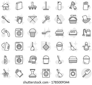 Editable thin line isolated vector icon set - iron, board, washing machine, broom, bucket, rag, vector, vacuum cleaner, mop, sponge, car fetlock, steaming, washer, powder, cleaning agent, wiping