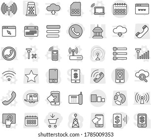 Editable thin line isolated vector icon set - add to cart, mobile pay, phone, calendar vector, goverment house, location, sorting, trailer, wireless, laptop wifi, touchscreen, sim card, router, no