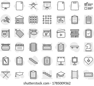 Editable thin line isolated vector icon set - clipboard, store signboard, pacemaker vector, stairs, check, pallet, surfer, iron board, cutting, chip, circuit, washboard, utility room, graduate hat