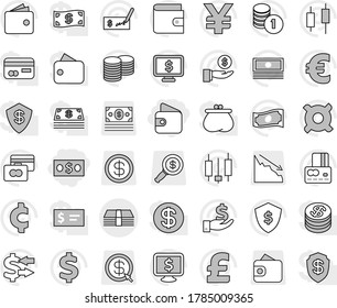 Editable thin line isolated vector icon set - money, wallet, exchange vector, japanese candle, credit card, cash, investment, coin stack, check, dollar shield, monitor, any currency, euro sign, yen