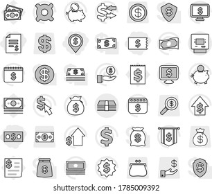 Editable thin line isolated vector icon set - money, account balance, receipt, dollar pin, atm, exchange vector, cash, bag, piggy bank, investment, growth, medal, flag, calendar, monitor, cursor