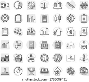 Editable thin line isolated vector icon set - clipboard, dollar coin, mobile checking, golf, stairs, rocket start vector, graduate hat, certificate, graph, pie, japanese candle, growth, target, cash