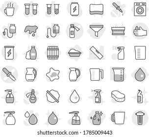 Editable thin line isolated vector icon set - funnel, cleanser, hot drink, pipette vector, potion bottle, level, acid, drop, washing machine, cup, measuring, barrel, sponge, water, splotch, sprayer