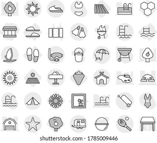 Editable thin line isolated vector icon set - market, barn, dome house, trailer, suitcase, bungalow, tent, lounger, sun, pool, restaurant, starfish, flippers, diving mask, tennis, jet ski, slippers