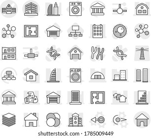 Editable thin line isolated vector icon set - hospital vector, home, building, skyscrapers, skyscraper, houses, garage, hangare, modern architecture, modular house, office, washing machine, photon