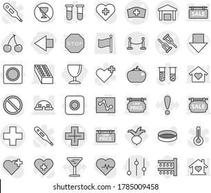 Editable thin line isolated vector icon set - left arrow, equalizer, wineglass, medical cross vector, crutch, hat, brick, dome house, warehouse, vip fence, ring button, analytics, watering, cherry