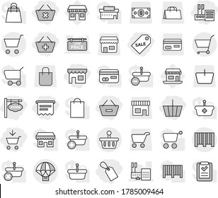 Editable thin line isolated vector icon set - add to cart, basket, remove from, delete, shop, store, label, sale, atm receipt, signboard, mall, bar code, parachute delivery, office vector, card