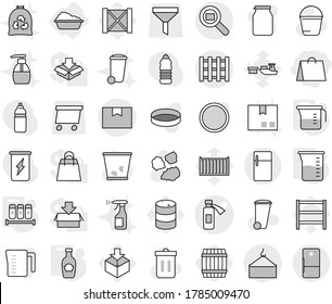 Editable thin line isolated vector icon set - shopping bag, potion bottle vector, loading crane, package box, cargo search, pallet, washing, measuring cup, spices, ketchup, barrel, bucket, trash bin