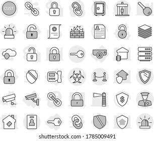 Editable thin line isolated vector icon set - biohazard vector, lighthouse, lock, smart house, customs, security man, vip fence, detector, key, identity card, shield, locked, unlocked, intercome