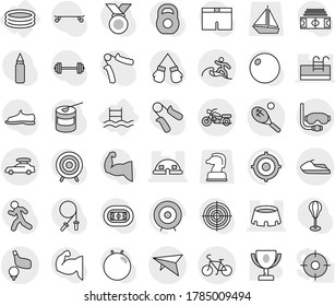 Editable thin line isolated vector icon set - dome house, stadium, car baggage, deltaplane, bike, motorcycle, diving mask, surfer, tennis, golf, jet ski, inflatable pool, award cup vector, target