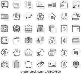 Editable thin line isolated vector icon set - hand coin, account balance, credit card, cashbox, library, building, office, atm, safe, bank, school vector, gold ingot, wallet, percent growth, piggy
