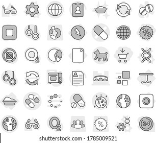 Editable thin line isolated vector icon set - add to cart, percent, pill vector, bridge, globe, disco ball, dog, electricity, ring button, table, washing, cutting board, gear, dna, edit, grill oven