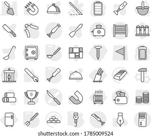 Editable thin line isolated vector icon set - nail, scalpel vector, construction, rack, detector, safe, radiator, fridge, stands for knives, ladle, pipes, hammer, handle scales, big fork, blender