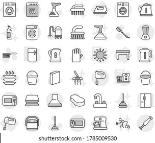 Editable thin line isolated vector icon set - table, iron, washing machine, mixer, coffee maker, plate, kettle, gas oven, fridge, food processor, plunger vector, vacuum cleaner, fetlock, bucket, car