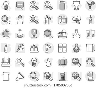 Editable thin line isolated vector icon set - magnifier, test vial vector, potion bottle, building, fragile, cocktail, bulb, mirror, coffee maker, window, vegetable oil, bank, scraper, shining, jar