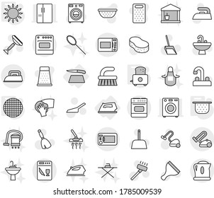 Editable thin line isolated vector icon set - iron, cutting board, colander, toaster, gas oven, sieve, scraper vector, broom, vacuum cleaner, fetlock, scoop, sponge, washer, sink, water tap, wiping