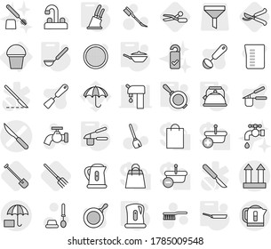 Editable thin line isolated vector icon set - scalpel vector, cargo top sign, insurance, bucket, pan, kettle, garlic clasp, ladle, knife holder, scissors, shovel, fork, pruner, broom, fetlock, car