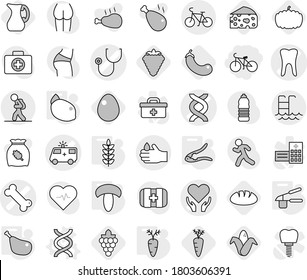 Editable thin line isolated vector icon set - bike, dna vector, stethoscope, bone, ambulance car, tooth, health care, acid, tourist, pool, garlic clasp, walnut crack, mushroom, chicken leg, carrot